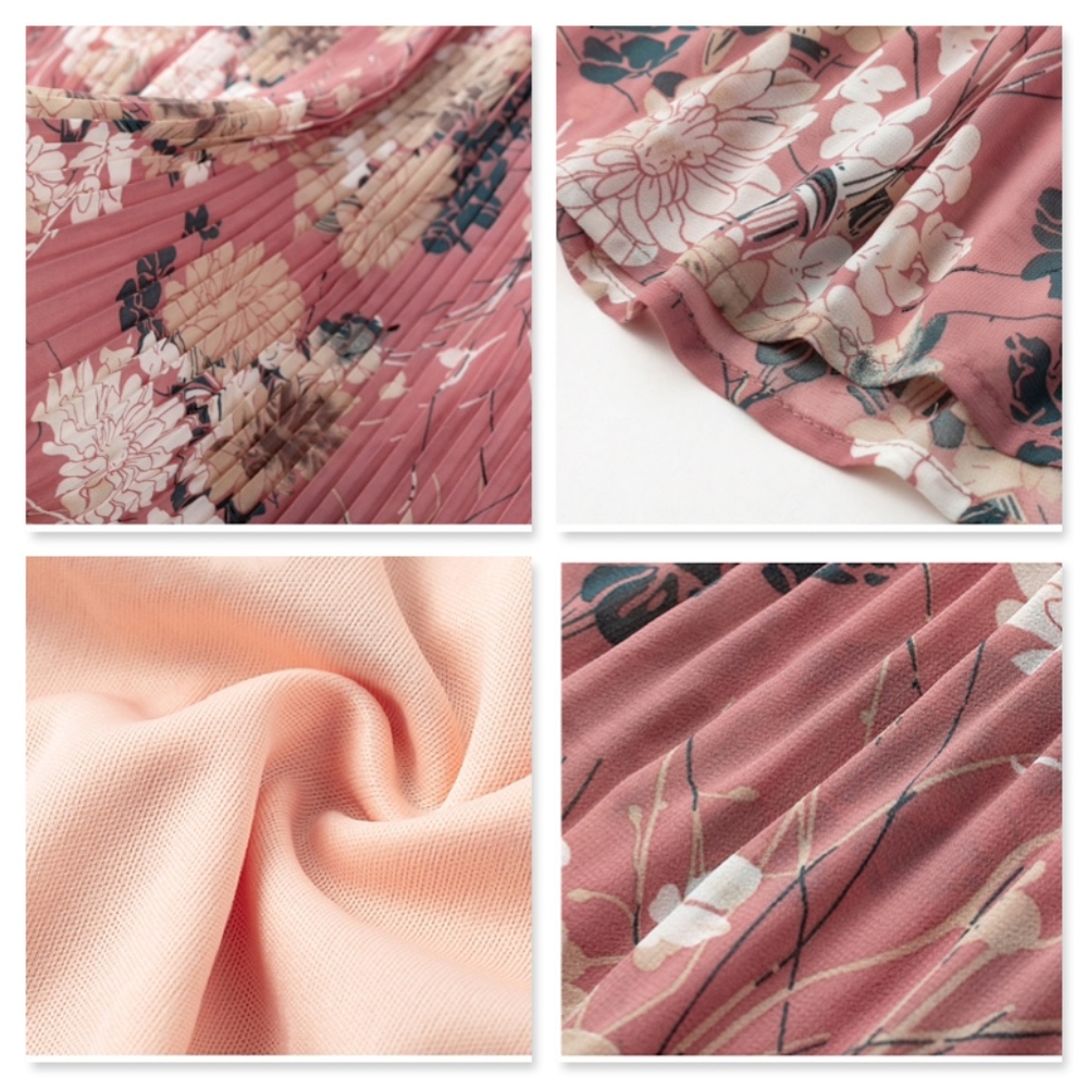 Pleated Floral Print High Waist Midi Pink Skirt - Picture 6 of 8